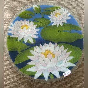 Peggy Karr 14” Fused Art Glass Water Lillies Platter Plate. Signed Retired